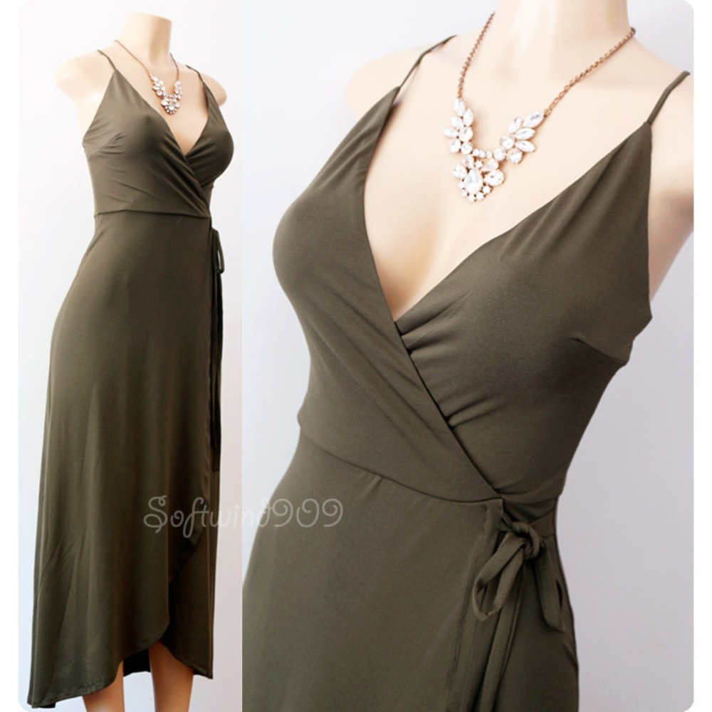 Last☝️ Olive Green Plunge Surplice Maxi Wrap Dress - Picture 5 of 8